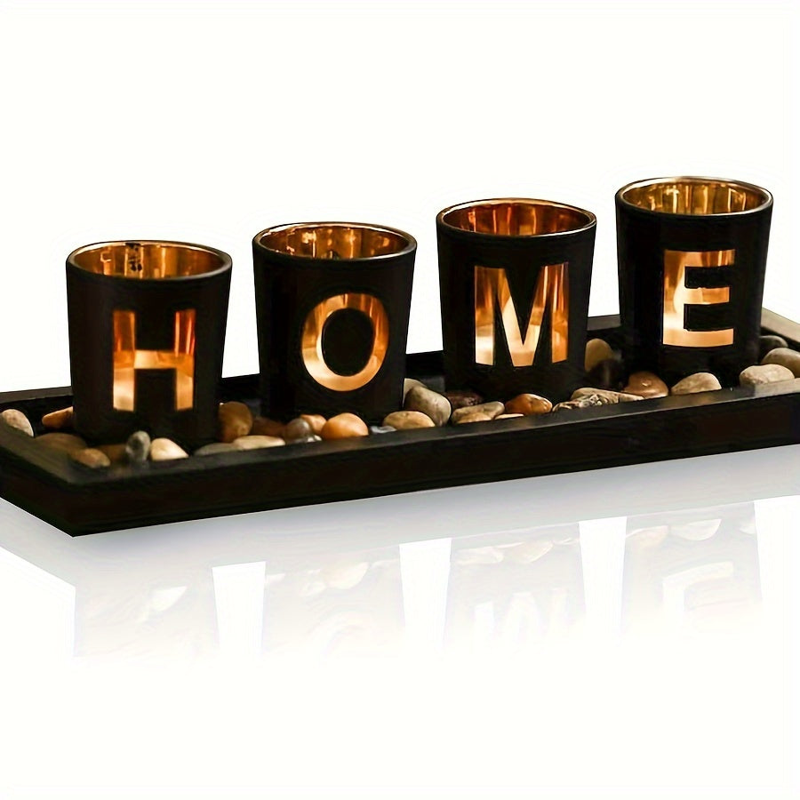 4-Piece Glass Tealight Holder Set Wooden Tray Home Decor Centerpiece