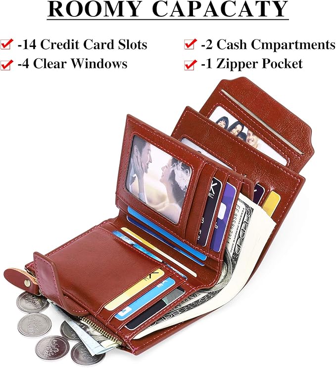 Compact RFID Wallet with 14 Card Slots and Cash Storage