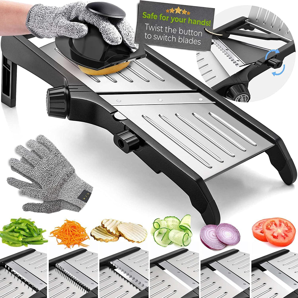 Mandoline Vegetable Slicer with Cut Resistant Gloves Stainless Steel Adjustable Food Cutter