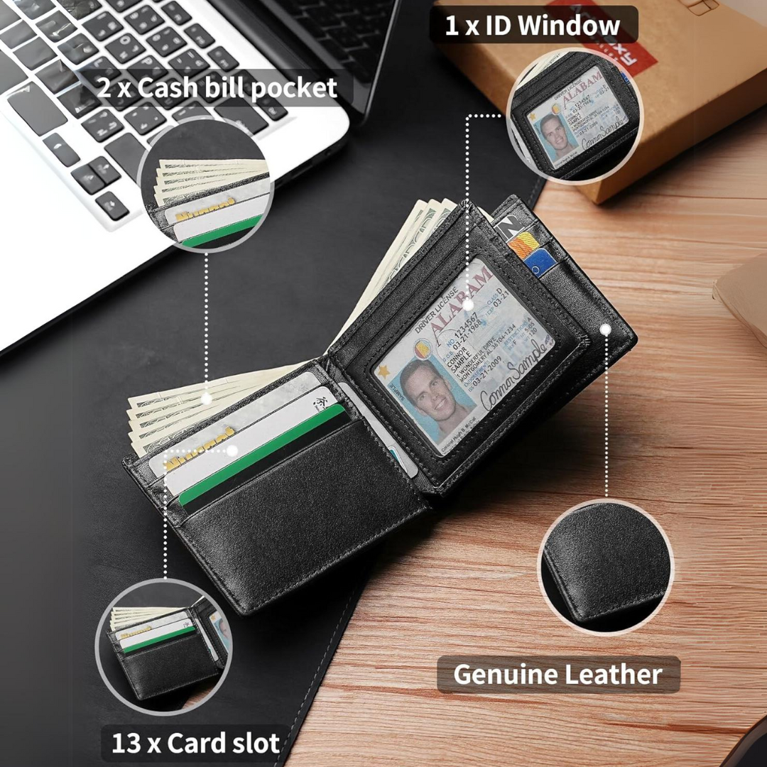 Men's Genuine Leather RFID Wallet Slim Bifold Card Holder with ID Window