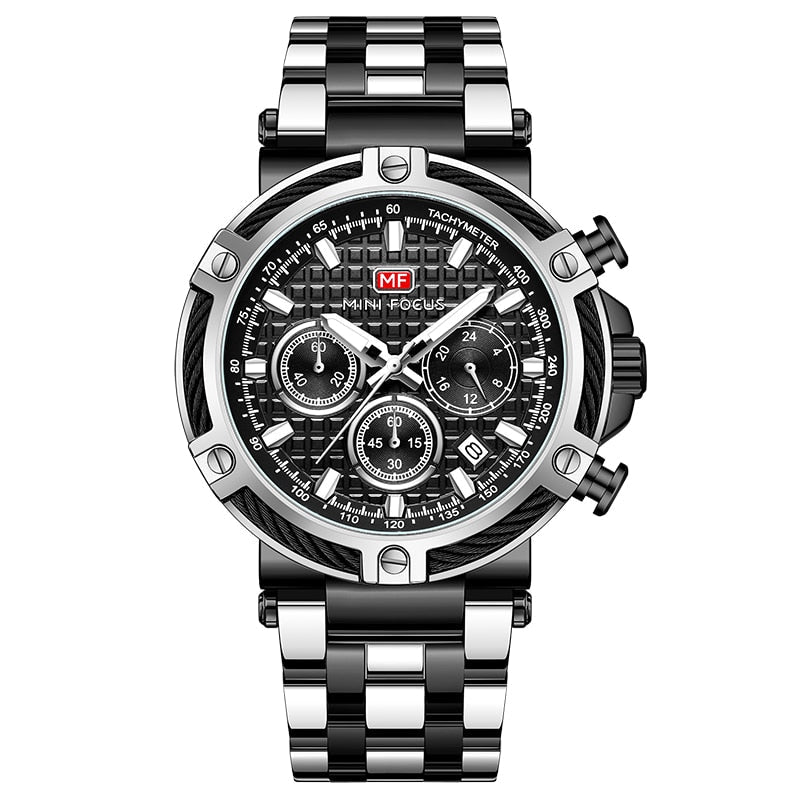 Mens Stainless Steel Watch Silver Blue Chronograph Date Wristwatch