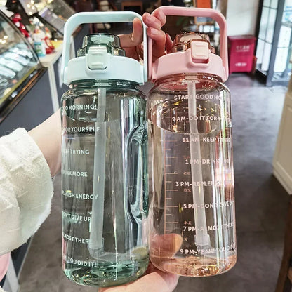 2L Portable Water Bottle with Straw and Time Markings for Fitness and Sports