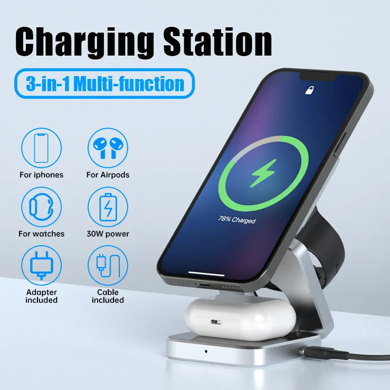 3 in 1 Wireless Charging Station Magnetic Foldable Charger Fast Charging Dock