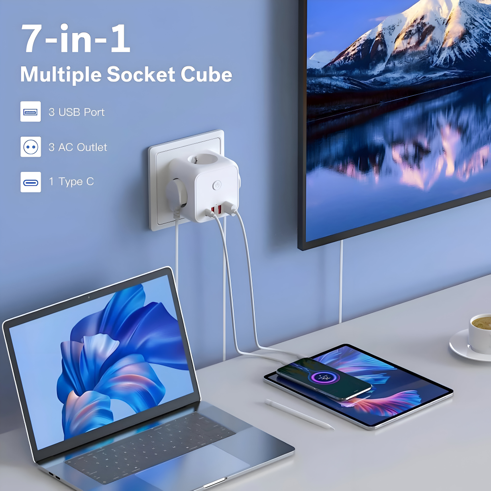 7 In 1 Surge Protector Power Strip USB Type C Charging Hub
