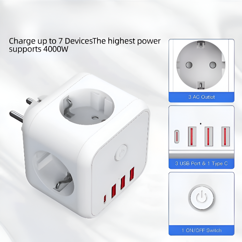 7 In 1 Surge Protector Power Strip USB Type C Charging Hub