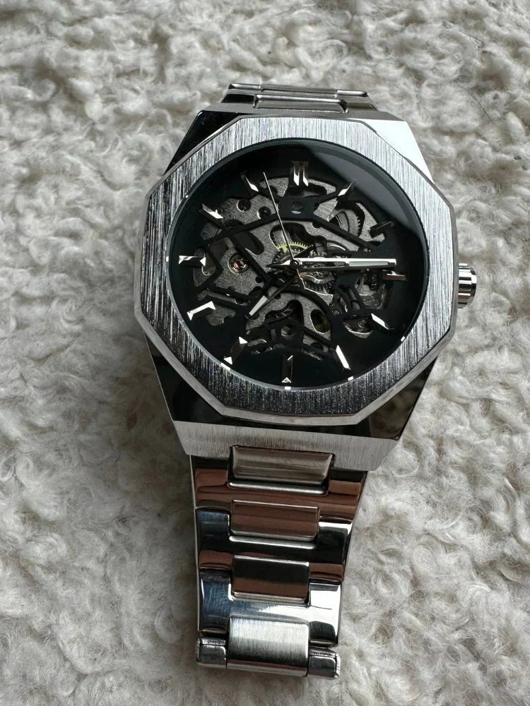 Automatic Skeleton Wrist Watch Stainless Steel Waterproof Timepiece