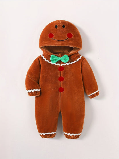 Baby Gingerbread Romper Fleece Hooded Christmas Outfit Warm Jumpsuit