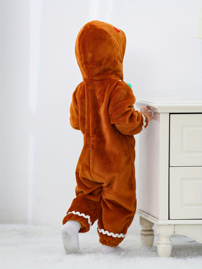Baby Gingerbread Romper Fleece Hooded Christmas Outfit Warm Jumpsuit