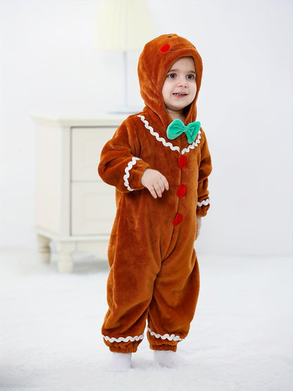 Baby Gingerbread Romper Fleece Hooded Christmas Outfit Warm Jumpsuit