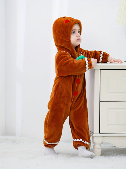 Baby Gingerbread Romper Fleece Hooded Christmas Outfit Warm Jumpsuit