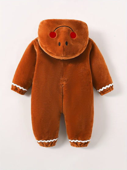 Baby Gingerbread Romper Fleece Hooded Christmas Outfit Warm Jumpsuit