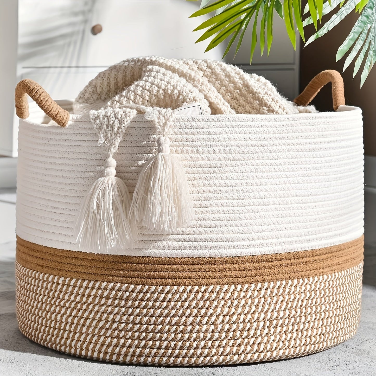 Boho Cotton Storage Basket Woven Laundry Toy Organiser Handles