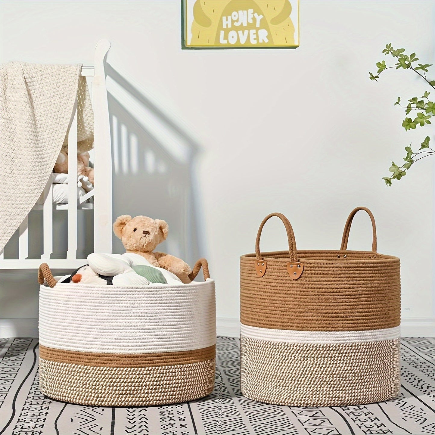Boho Cotton Storage Basket Woven Laundry Toy Organiser Handles