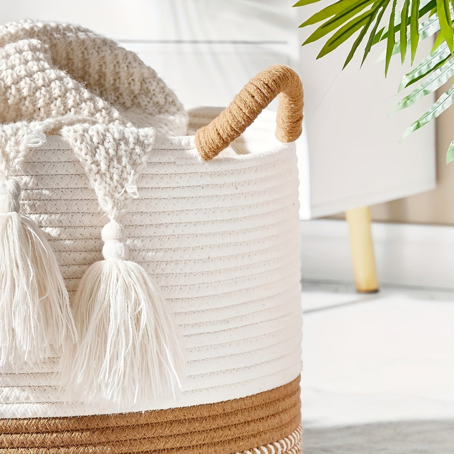 Boho Cotton Storage Basket Woven Laundry Toy Organiser Handles