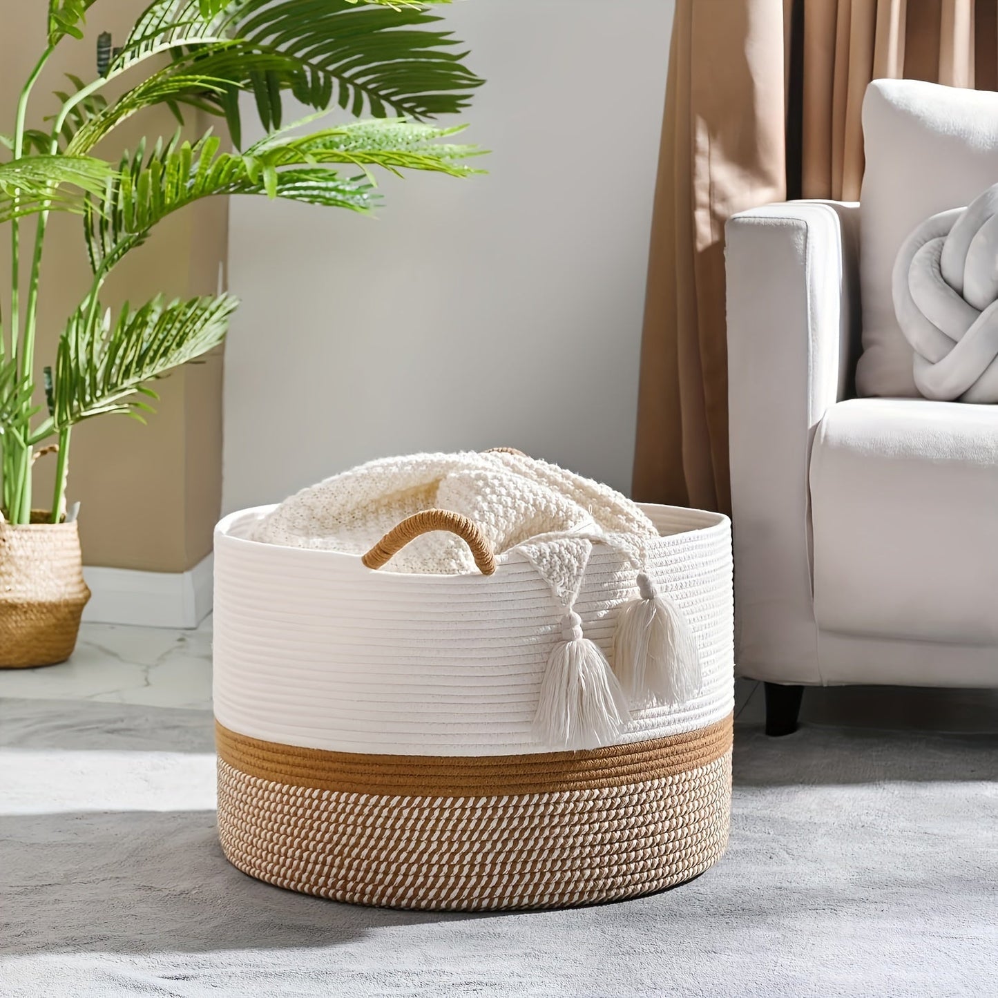Boho Cotton Storage Basket Woven Laundry Toy Organiser Handles