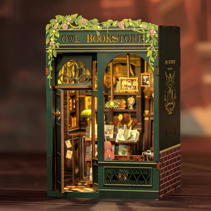 DIY Miniature Bookstore Kit Owl Theme Wooden Puzzle Lighted Display