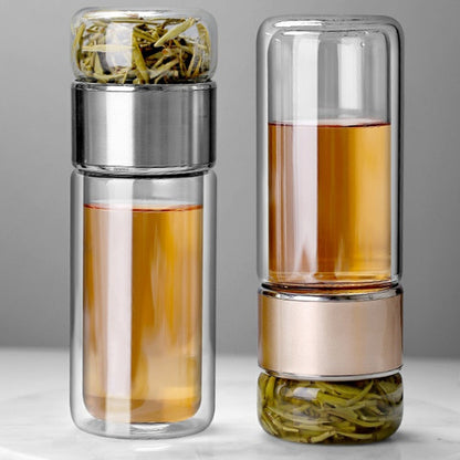 Double Wall Glass Tea Bottle Leakproof Travel Drink Flask