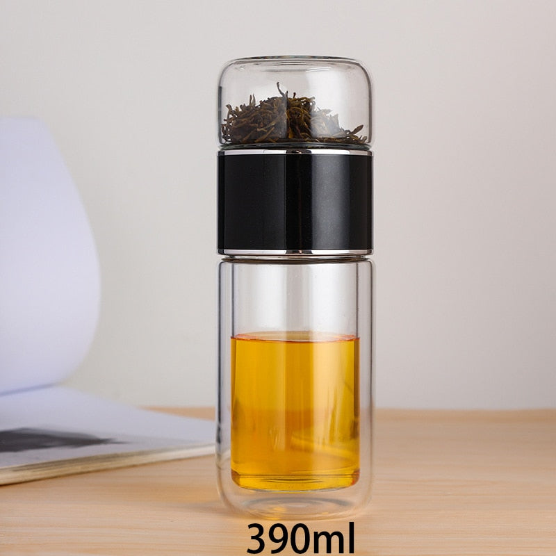 Double Wall Glass Tea Bottle Leakproof Travel Drink Flask