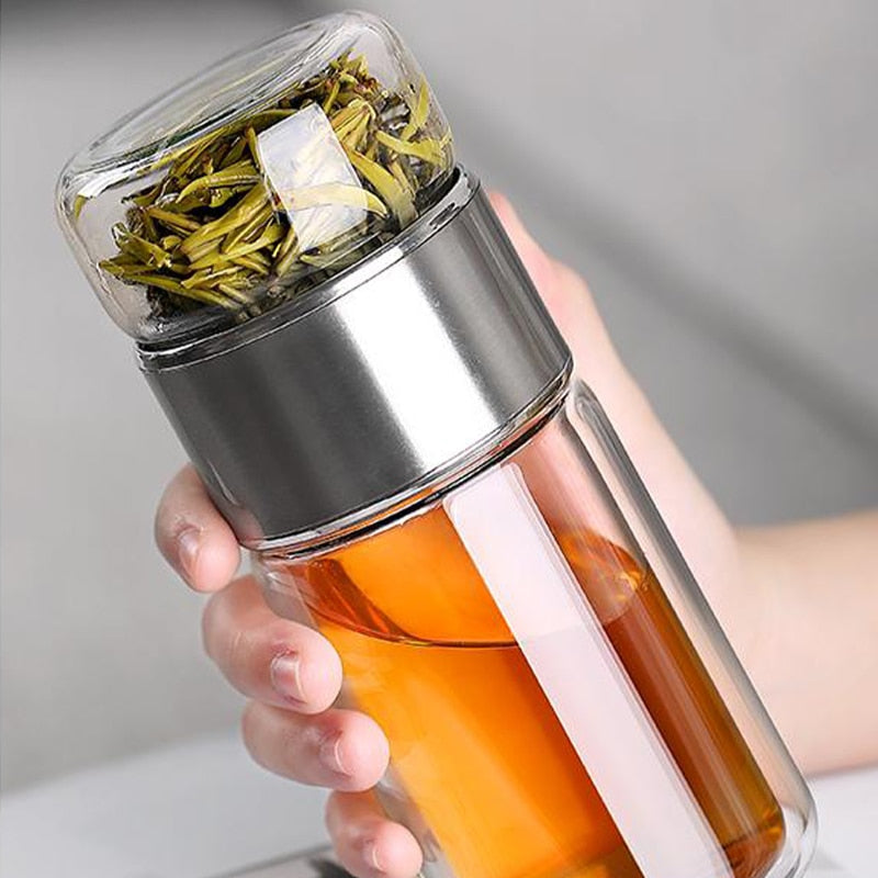 Double Wall Glass Tea Bottle Leakproof Travel Drink Flask