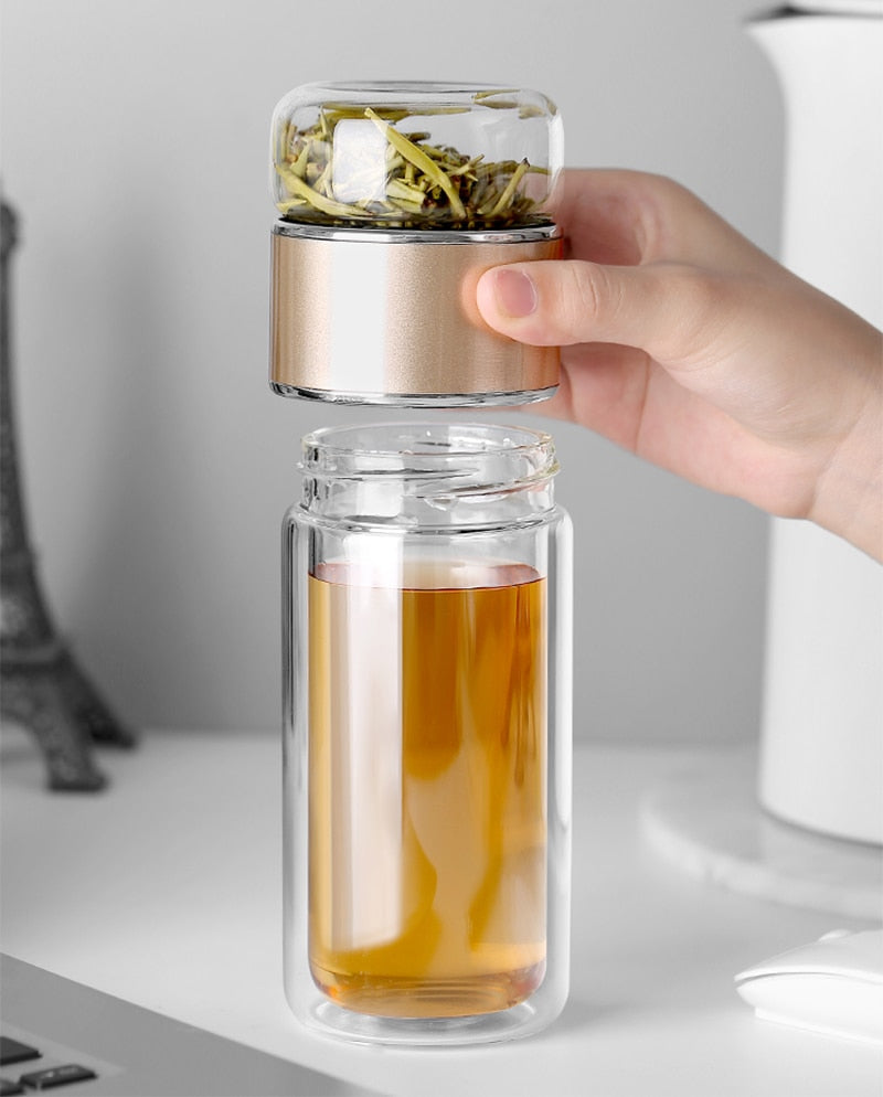 Double Wall Glass Tea Infuser Bottle Borosilicate Large Capacity Leakproof Travel Tea Bottle