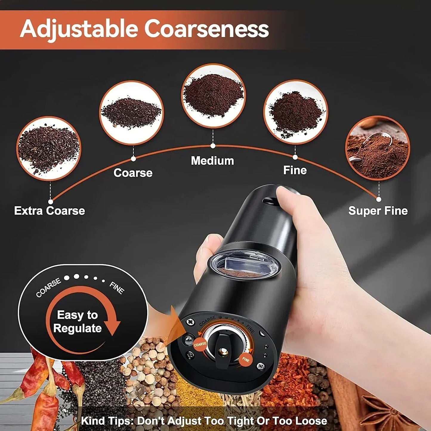 Electric Salt Pepper Grinder Rechargeable Stainless Steel Adjustable Mill