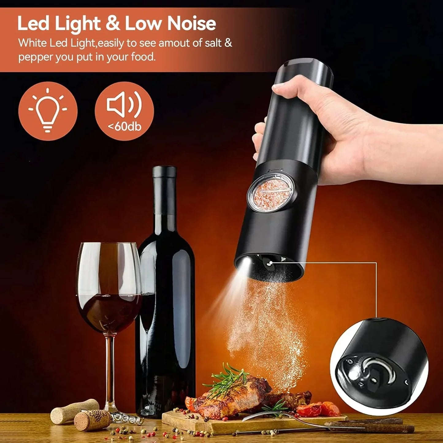 Electric Salt Pepper Grinder Rechargeable Stainless Steel Adjustable Mill