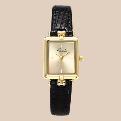 Elegant Quartz Watch Gold Dial Leather Strap Timepiece