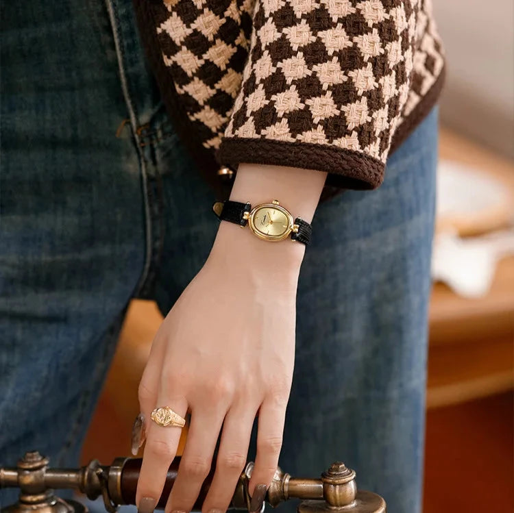 Elegant Quartz Watch Gold Dial Leather Strap Timepiece