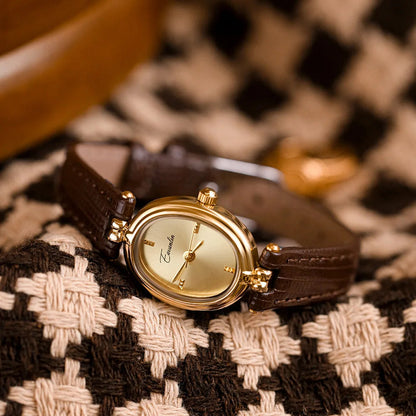 Elegant Quartz Watch Gold Dial Leather Strap Timepiece