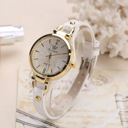 Elegant Quartz Womens Watch Red Accent Leather Strap