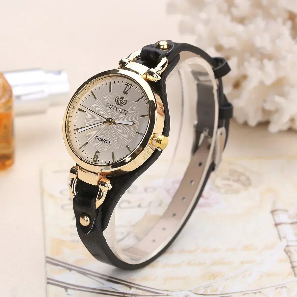 Elegant Quartz Womens Watch Red Accent Leather Strap
