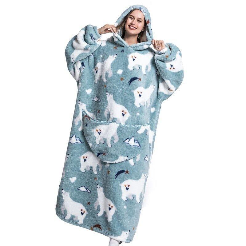 Extra Long Polar Bear Hoodie Blanket Sherpa Fleece Wearable Blanket