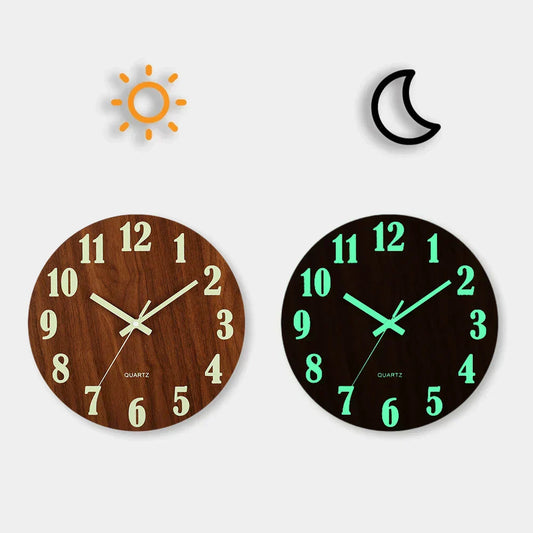 Glow In Dark Wall Clock Wooden Silent Non Ticking Home Clock