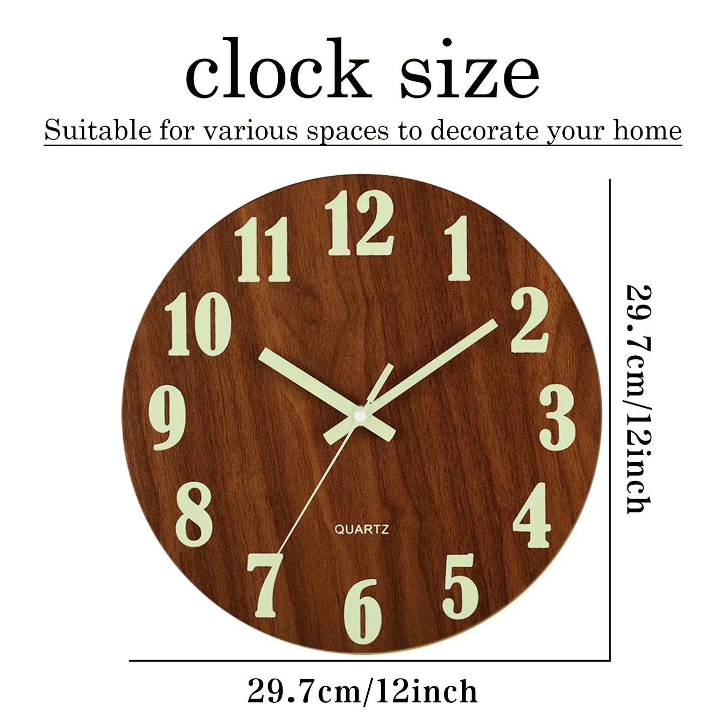 Glow In Dark Wall Clock Wooden Silent Non Ticking Home Clock