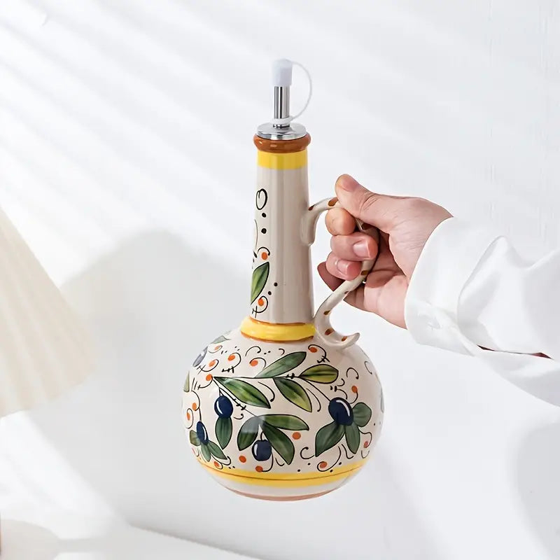 Hand Painted Olive Oil Dispenser Bottle Floral Design Narrow Neck