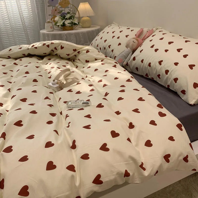 Heart Print Duvet Cover Set Soft Bedding Twin Full Queen