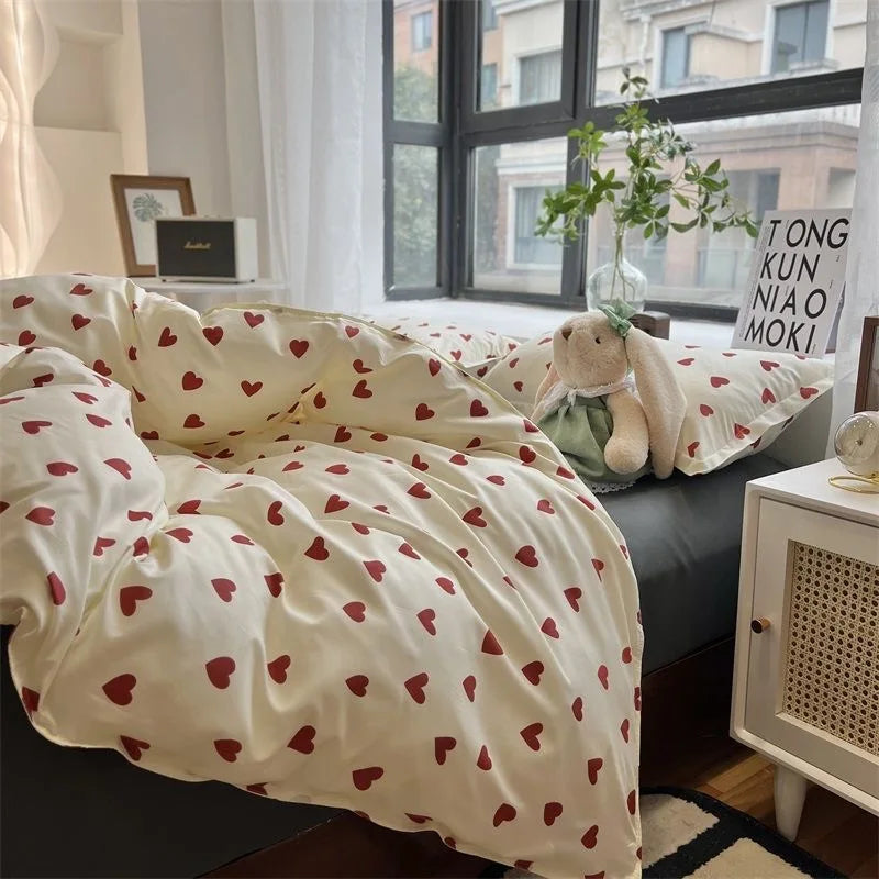 Heart Print Duvet Cover Set Soft Bedding Twin Full Queen