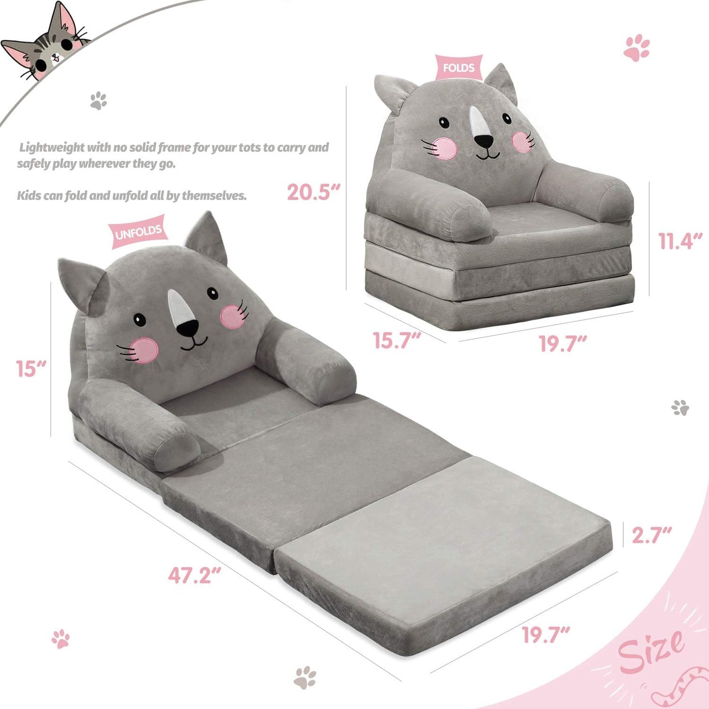 Kids Foldable Sofa Chair Soft Foam Toddler Lounge Seat Animal Design