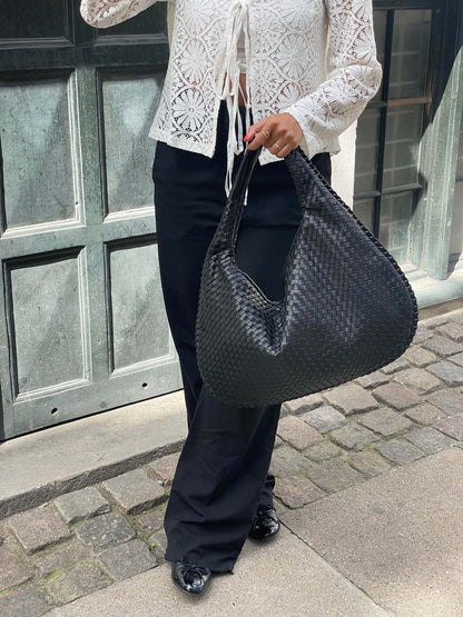 Large Woven Shoulder Bag Soft Vegan Leather Tote