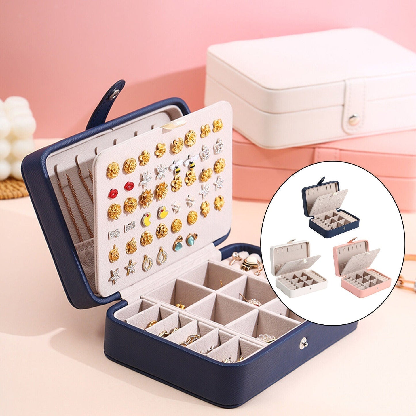 Leather Flip Lid Jewelry Storage Box Ring Earring Organizer