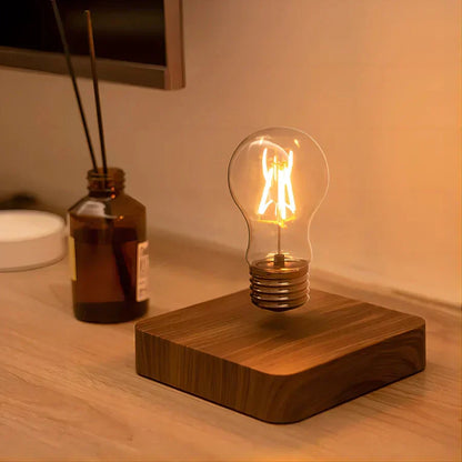 Levitating Edison Bulb Lamp with Walnut Wood Base – Modern Floating Desk Light