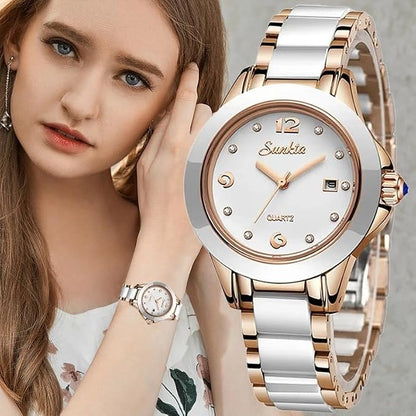 Luxury Ceramic Quartz Womens Watch Crystal Dial