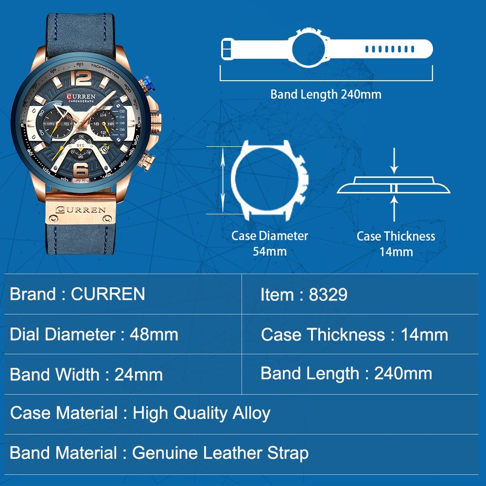 Luxury Mens Quartz Watch Leather Strap Waterproof