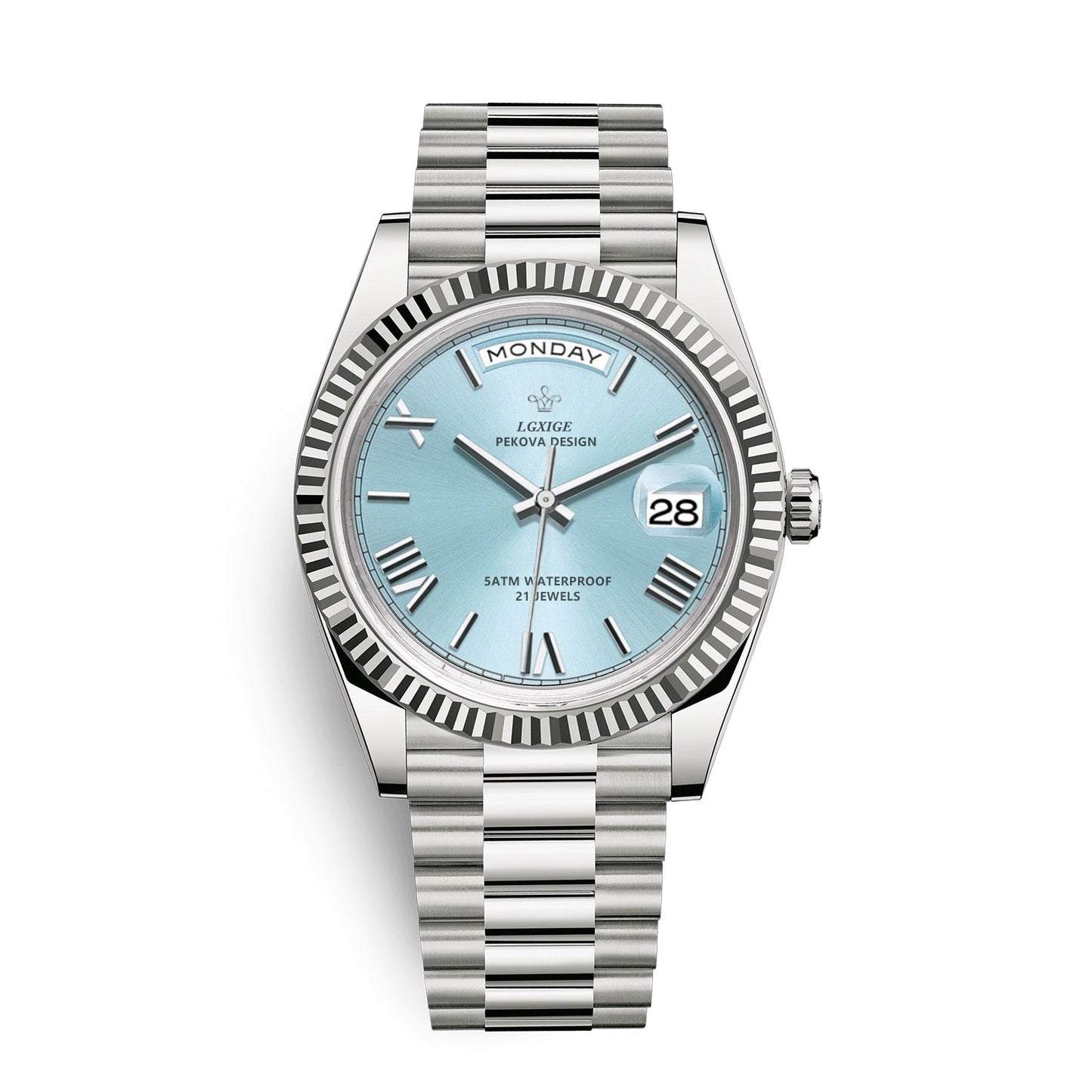 Mens Automatic Watch Day Date Mechanical Stainless Steel Wristwatch