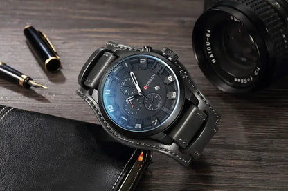 Mens Chronograph Leather Watch Classic Date Display Wristwatch