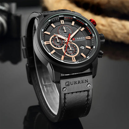 Mens Chronograph Watch Quartz Leather Strap Waterproof Analog Timepiece