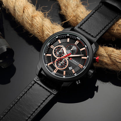 Mens Chronograph Watch Quartz Leather Strap Waterproof Analog Timepiece