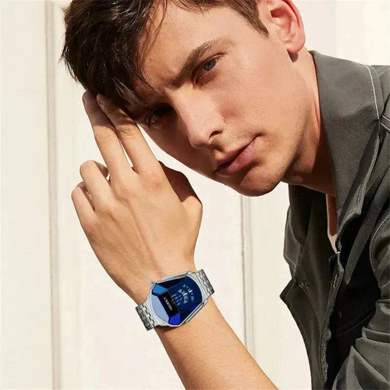 Mens Digital Quartz Watch Stainless Steel Strap Oval Case