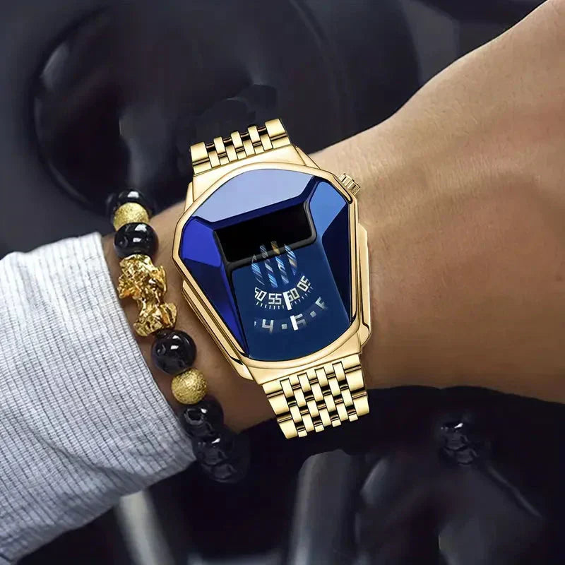 Mens Digital Quartz Watch Stainless Steel Strap Oval Case