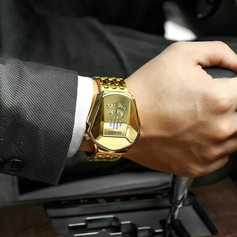 Mens Digital Quartz Watch Stainless Steel Strap Oval Case